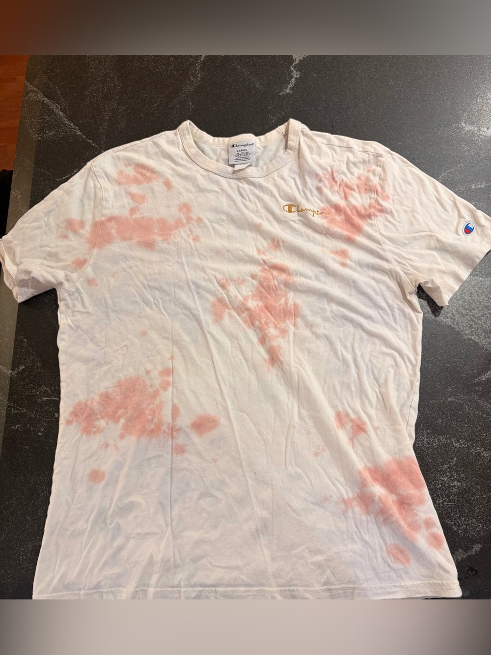 Champion White Short Sleeve Tee with Pink Tie-Dye Logo